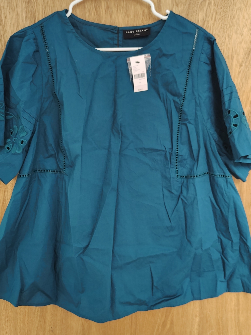 Lane Bryant Gorgeous Embroidered Eyelet Short Sleeve Dark Teal Poplin Top 14 NWT